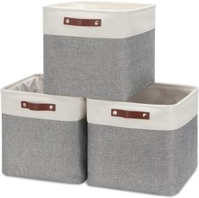 img 4 attached to 📦 HNZIGE Foldable Storage Baskets Cubes Set (3 Pack) - Fabric Bins with Leather Handles - White & Gray - Ideal for Home Organization, Toys, Clothes, Kids Room, Closet Storage