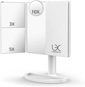 img 4 attached to LEXKUYI Трехстворчатое зеркало для макияжа с подсветкой - Зеркало для туалетного столика с 92 светодиодными лампами, с сенсорным экраном, 3 режимами цвета, увеличивающими зеркалами (1X/3X/5X/10X), поворотом на 360°, регулируемым яркостью косметическое зеркало.