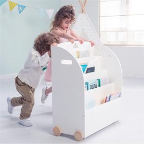img 3 attached to White Wooden Bookshelf Display Stand on Wheels for Kids Ages 1 and Up - Kid's Bookshelf Organizer with Baby, Child, and Toddler Book Display/Shelf Case