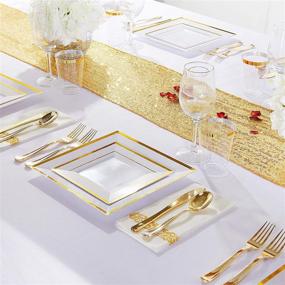 img 2 attached to 🎉 I00000 175PCS Plastic Square Plates, Napkins, Gold Disposable Cutlery & Cups, 25 Guests Set: Perfect Christmas Party Supplies with Dinner Plates, Salad Plates, Gold Silverware Sets, Tumblers, and Guest Towels