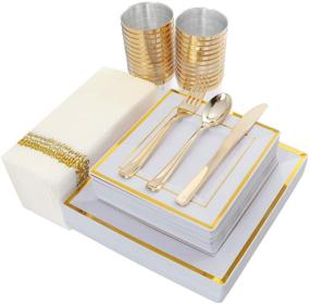 img 4 attached to 🎉 I00000 175PCS Plastic Square Plates, Napkins, Gold Disposable Cutlery & Cups, 25 Guests Set: Perfect Christmas Party Supplies with Dinner Plates, Salad Plates, Gold Silverware Sets, Tumblers, and Guest Towels