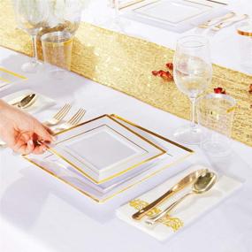img 1 attached to 🎉 I00000 175PCS Plastic Square Plates, Napkins, Gold Disposable Cutlery & Cups, 25 Guests Set: Perfect Christmas Party Supplies with Dinner Plates, Salad Plates, Gold Silverware Sets, Tumblers, and Guest Towels