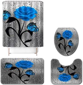 img 1 attached to 🌹 Booinxaa 4 Piece Blue Rose Shower Curtain Set with Non-Slip Rugs, Toilet Lid Cover, and Bath Mat Accessories, 70 x 70 Inch Bathroom Curtains Set with 12 Hooks, Washable Waterproof Shower Curtains for Decor