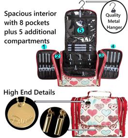 img 3 attached to Palcovi Hearts Pattern Large Capacity Hanging Toiletry Bag - Ultimate Travel Organizer for Full-Sized Toiletries - Dopp Kit with Metal Hook