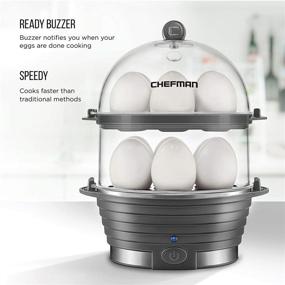 img 1 attached to Поварской аппарат для яиц Chefman Electric Egg Cooker Boiler, быстрый яичница и варка, пароварка для пищи и овощей, быстрое приготовление 12 яиц, твердые или мягкие вареные яйца, включены поддоны для яичницы и пашота, сигнал готовности, без содержания бисфенола А, серого цвета.