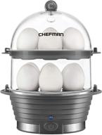 chefman electric egg cooker boiler, rapid egg-maker & poacher, food & vegetable steamer, makes 12 eggs quickly, hard or soft boiled, poaching and omelet trays included, ready signal, bpa-free, grey logo