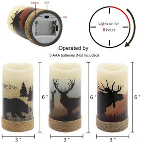 img 3 attached to 🕯️ Eldnacele Flameless Flickering Candles: Deer, Moose, Bear Decal with Hemp Rope, 6H Timer, Battery Operated LED Pillar Candles - Real Wax Home Décor Christmas and Gift Set of 3