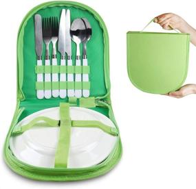 img 4 attached to 🏕️ Vech Camping Silverware Kit Cutlery Organizer Utensil Picnic Set - 12 Piece Mess Kit For 2 - White Plate Spoon Butter and Serrated Knife Fork - For Hiking, Camping, BBQ, and Travel