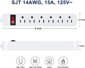 img 3 attached to ⚡ ExtraStar Перенапряжение с 6 розетками, удлинитель на 6 футов, 14AWG, 15A 125V 1875W, плоским штепселем, крепление на стену для iPhone iPad Laptop Home School Office, сертифицировано ETL - белый.