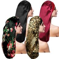 premium satin sleep cap set for long hair and dreadlock - 2 solid color & 2 floral pattern bonnets for women logo