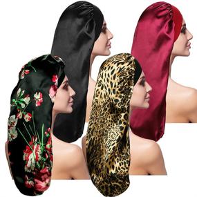 img 4 attached to Premium Satin Sleep Cap Set for Long Hair and Dreadlock - 2 Solid Color & 2 Floral Pattern Bonnets for Women