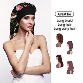 img 3 attached to Premium Satin Sleep Cap Set for Long Hair and Dreadlock - 2 Solid Color & 2 Floral Pattern Bonnets for Women