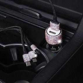 img 3 attached to Bling USB Car Charger 5V/2.1A Multicolor Crystal Decor Dual Port Fast Adapter with 3.9ft Nylon Type C/Micro USB 3-in-1 Multi Charging Cable for iPhone iPad Android,Interior Car Accessories for Women