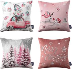 img 4 attached to 🎄 Phantoscope Set of 4 Merry Christmas Decorative Print and Embroidery Velvet Throw Pillow Covers: Snowman, Star, Snowflake, Tree Cushion Cover (Pink, 18 x 18 inches, 45 x 45 cm)