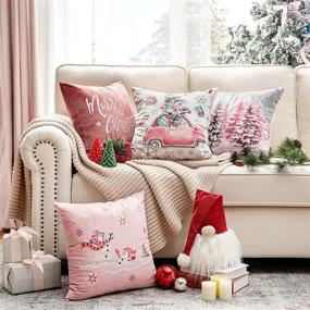 img 3 attached to 🎄 Phantoscope Set of 4 Merry Christmas Decorative Print and Embroidery Velvet Throw Pillow Covers: Snowman, Star, Snowflake, Tree Cushion Cover (Pink, 18 x 18 inches, 45 x 45 cm)