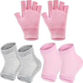 img 4 attached to 🧦 Bememo 3 Pairs Spa Moisturizing Socks and Gloves Set with Open Toe Gel Heel Socks and Fingerless Moisturizing Gloves in Pink and Grey Shades