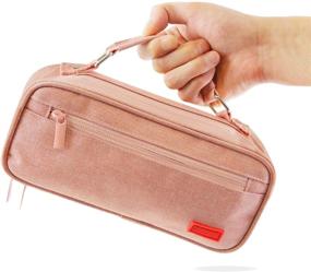 img 4 attached to Newthinking Pink Canvas Pencil Pouch - Big Capacity Pencil Case for Kids and Adults, Multiple Compartments, Double Zipper, Portable - Ideal for School Supplies & Office Organization