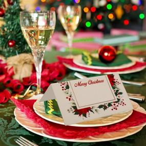 img 3 attached to 🌺 Poinsettia Merry Christmas Place Cards 50 Count | Holiday Greenery Foldable Paper Tent | Table Setting Name Card | Winter Blank Escort Seating | Placement Display Tags for Guest Dinner Tables | Party Decoration