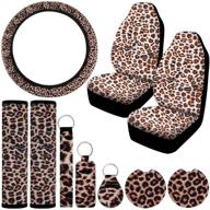 full set leopard print car seat covers, universal front seat covers, leopard print steering 🐆 wheel cover, seat belt pads, cup holder coasters, variety of key rings, compatible with most car models logo