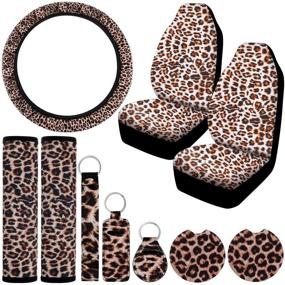 img 4 attached to Full Set Leopard Print Car Seat Covers, Universal Front Seat Covers, Leopard Print Steering 🐆 Wheel Cover, Seat Belt Pads, Cup Holder Coasters, Variety of Key Rings, Compatible with Most Car Models