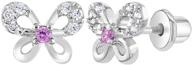 🦋 rhodium plated sparkling clear and pink cubic zirconia butterfly screw back earrings for toddler girls - lightweight cz butterfly earrings perfect for little girls and kids - stylish studs for girls logo