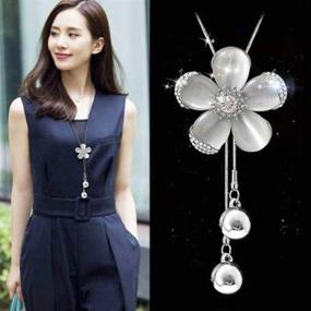 img 1 attached to 🌸 Exquisite White Crystal 5 Petals Flower Pendant Necklace: Trendy Long Sweater Jewelry for Women & Girls