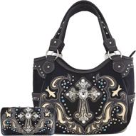 👜 western style rhinestone cross concealed carry tote purse with laser cut design - women's shoulder bag handbag wallet set logo