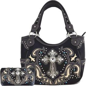 img 4 attached to 👜 Western Style Rhinestone Cross Concealed Carry Tote Purse with Laser Cut Design - Women's Shoulder Bag Handbag Wallet Set