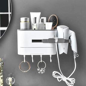 img 1 attached to 💇 COAWG 2 ND Upgrade Wall Mounted Hair Dryer Holder: No Drilling, Adhesive Styling Tool Organizer with Plug Hook Drawer and 4 Hooks - Beige