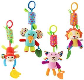 img 4 attached to 🎨 Colorful Animal Bell Soft Baby Sensory Rattles Toys with Teether for Infant Boys and Girls, Newborn Crib Toys Car Seat Stroller Toys, Baby Hanging Rattles Toys for Babies 3 6 9 to 12 Months (4 Pack)