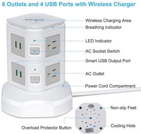 img 2 attached to 💡 Биди Повер Стрип Тауэр с Быстрой Беспроводной Зарядкой - 6 розеток переменного тока, 4 порта USB, защитный удлинитель для зарядки - 3000 Вт 13 А 16 AWG 6,5 футовый прочный ретракторный удлинительный кабель для дома и офиса.