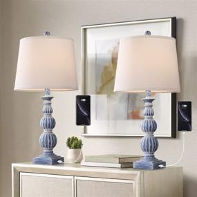 img 2 attached to 🏡 Vintage Blue Farmhouse Table Lamp Set of 2 with Dual USB Ports – Rustic Bedside Lamps for Bedrooms, Living Room, Office – 26" Traditional Style with White Fabric Shade – Perfect for Foyer and Study Room