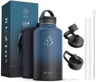 🍶 buzio 64 oz insulated stainless steel water bottle flask jug with straw lids, half gallon canteen metal thermo mug hydro jug, double vacuum hot cold water bottles, indigo crush logo