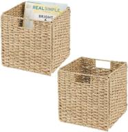 mdesign seagrass woven cube storage bins - organize closet, laundry, home office, nursery, kitchen, bathroom - towel, blanket, books, 2 pack - natural logo