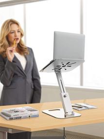 img 2 attached to 📱 Height Adjustable Laptop Stand for Desk - Sit to Stand Ergonomic Computer Riser, MacBook Holder, Tall Laptop Stand for 10-17" Laptops - Silver