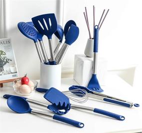 img 4 attached to 🍳 Rorence 12-Piece Silicone Kitchen Utensil Set - Blue, Non-Stick, Heat-Resistant, Stainless Steel Handles (Utensil Holder Excluded)