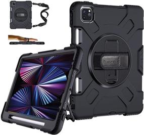 img 4 attached to 📱 iPad Pro 11 Case 2021 3rd Gen with Pencil Holder - Military Grade Shockproof Silicone Cover - 15ft Drop Tested - Stand+Handle+Strap - Black