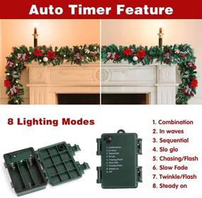 img 1 attached to 🎄 CEWOR 9ft Battery Operated Lighted Christmas Garland - 50 Warm White Lights, Un-prelit with Bows & Red Berries - Mantle Xmas Holiday Fireplace Winter Outdoor Decorations