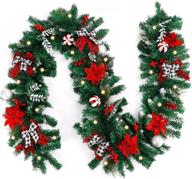 🎄 cewor 9ft battery operated lighted christmas garland - 50 warm white lights, un-prelit with bows & red berries - mantle xmas holiday fireplace winter outdoor decorations logo