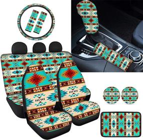 img 4 attached to Renewold Car Seat Cover Bundle: Ethnic Tribe Aztec Design - Front Rear, Steering Wheel, Armrest, Seat Belt Pads, Shift Knob, Handbrake & Coasters - Fits Most SUV Van Sedan - 12pcs Set