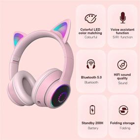 img 1 attached to 🎧 Cat Ear Headphones with Wireless Bluetooth, LED Lights, & Mic - Foldable Kids' Headphones with Volume Control, Compatible with Smartphones, Tablets, PCs (Pink)