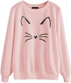 img 4 attached to 🐱 ROMWE Women's Lightweight Cat Print Sweatshirt: Long Sleeve, Casual Pullover Shirt