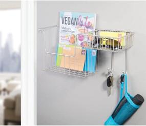 img 2 attached to 📥 mDesign Metal Wire Wall Mount Entryway Storage Organizer Mail Basket Holder with Hooks and Compartments - for Organizing Letters, Magazines, Keys, Coats, Leashes - Satin Finish