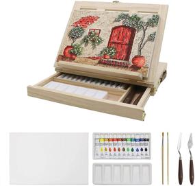 img 4 attached to Enhance Your Creativity with the LUCYCAZ Tabletop Easel Set: Portable Art Desktop Wooden Easel for Painting Canvas with Storage, 12 Colors Acrylic Paints, 2 Brushes, Palette, and Knives – Ideal Painting Gifts for Kids, Adults, Beginners, and Artists!