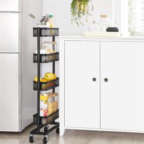 img 3 attached to SONGMICS Slim Storage Cart: 4-Tier Slide-Out Trolley for Small Spaces, Bathroom, and Kitchen - Wire Baskets, Easy Assembly - Black UBSC065B01