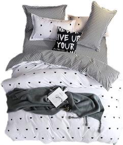 img 4 attached to 🛏️ Striped Cartoon Black and Grey Reversible Bedding Set for Boys and Girls - Twin Size (3pcs) with Hidden Zipper and Heart Design (Comforter Not Included)