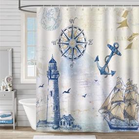 img 4 attached to 🚢 Nautical Sailboat Shower Curtain by Bonhause - Lighthouse, Compass, Anchor Decor - 72 x 72 Inch Polyester Fabric, Waterproof Bath Curtain with 12 Hooks