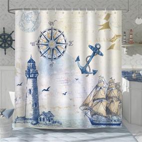 img 3 attached to 🚢 Nautical Sailboat Shower Curtain by Bonhause - Lighthouse, Compass, Anchor Decor - 72 x 72 Inch Polyester Fabric, Waterproof Bath Curtain with 12 Hooks