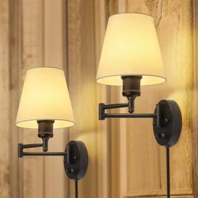 img 4 attached to 🔌 Set of 2 Plug-in Wall Sconces, Swing Arm Wall Light Fixtures with White Fabric Lampshade, Modern Wall Mounted Reading Lights for Bedroom Hallway Living Room