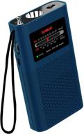 portable pocket am fm transistor radio with emergency flashlight, battery operated by 1500mah rechargeable li-ion (included), ultra-long antenna for best reception in blue logo